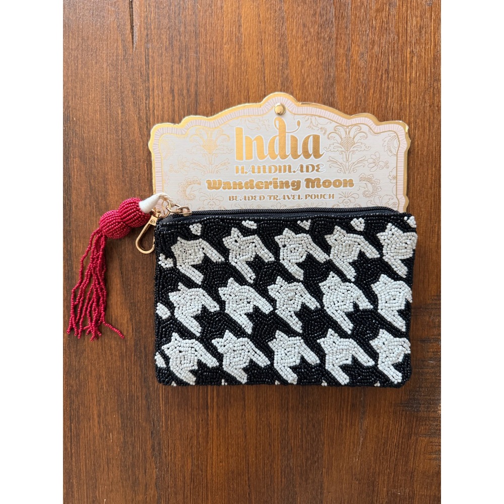 India Handmade x Wandering Moon Beaded Travel Pouch Houndstooth Black White NWT
